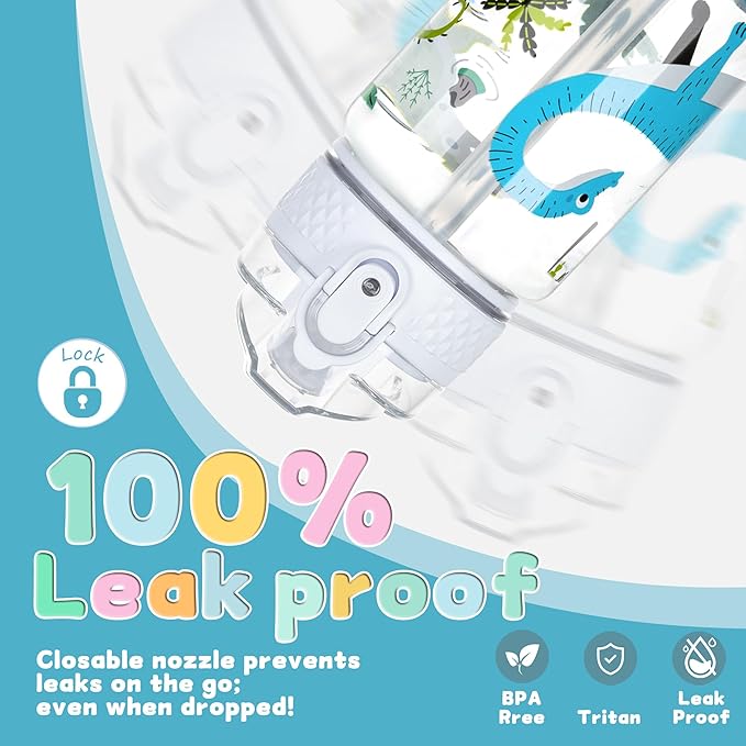 OLDLEY 17oz Kids Water Bottle for school Girls Boys, Water Bottle With Silicone Straw, Leak-Proof Tritan BPA-Free, Reusable water bottles for kids, Dinosaur