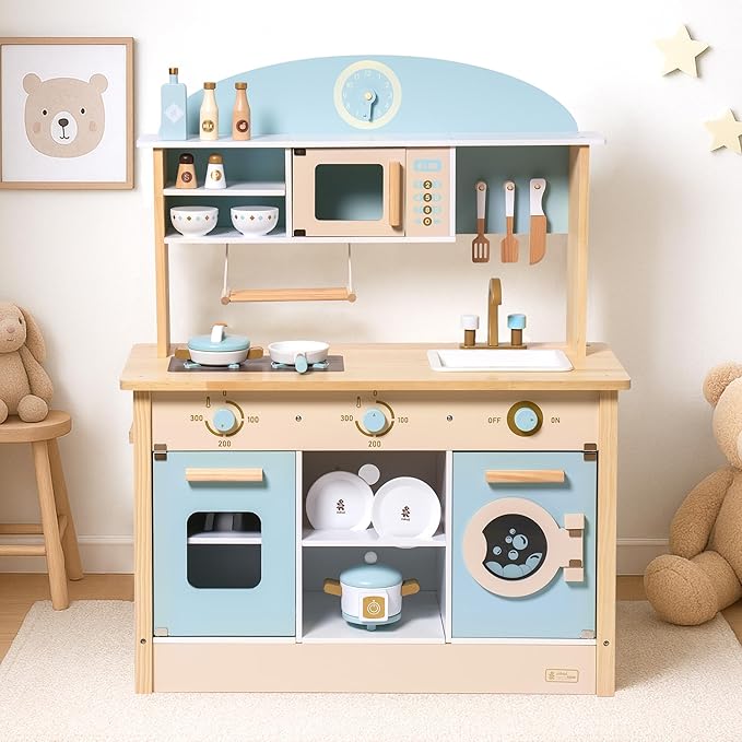 ROBUD Wooden Play Kitchen Set for Kids Toddlers, Toy Kitchen Gift for Boys Girls, Age 3+