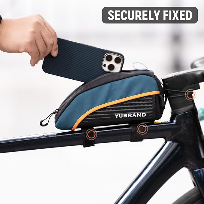 Removable Bike Frame Bag, Top Tube Bike Bag, Compatible With IPhone 16/15/14Pro and Phones Up To 6.9'', Waterproof, 1L, Blue, Geometric Pattern, 8.66 x 4.3 x 3.9 inches