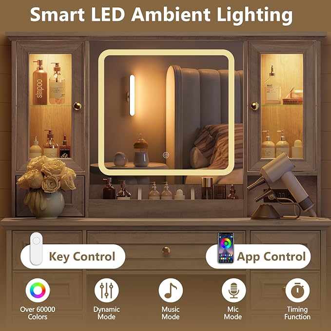 43'' Makeup Vanity with Mirror and Lights, Farmhouse Vanity Desk with Drawers & Charging Station, 3 Lighting Modes & Adjustable Brightness, Glass Cabinet, Dressing Table for Bedroom, Grey