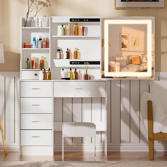 Girls Vanity Set LED Lighted Mirror with 3 Oppen and Hidden Shelves, Vanity Makeup Table with 5 Drawers, Dressing Table with Cushioned Stool for Teen Girls