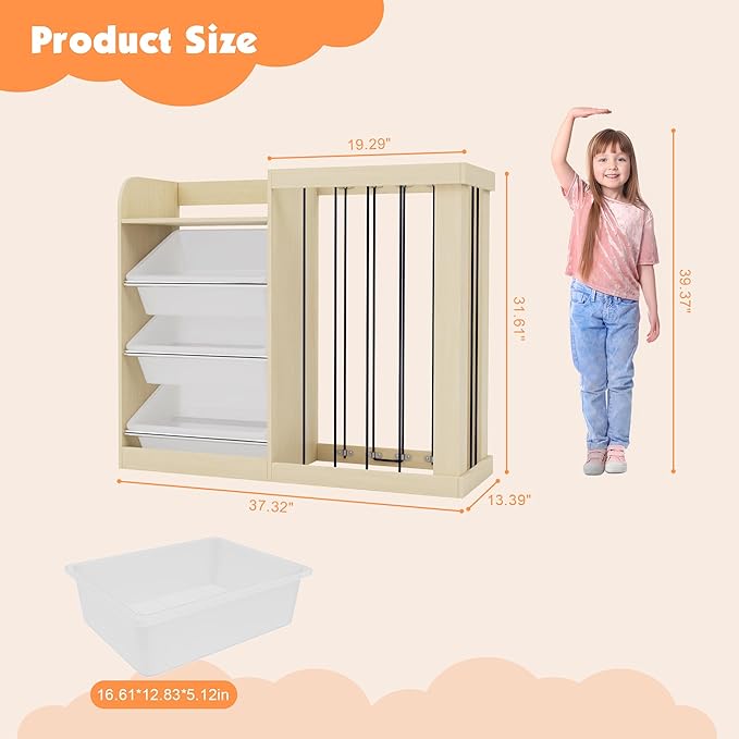 NACHES Kids Toy Organizer and 4-Tier Montessori Bookshelf with 3 Bins, 3-in-1 Toy Shelves and Stuffed Animal Storage for Playroom, Nursery, Baby Room (Burlywood)