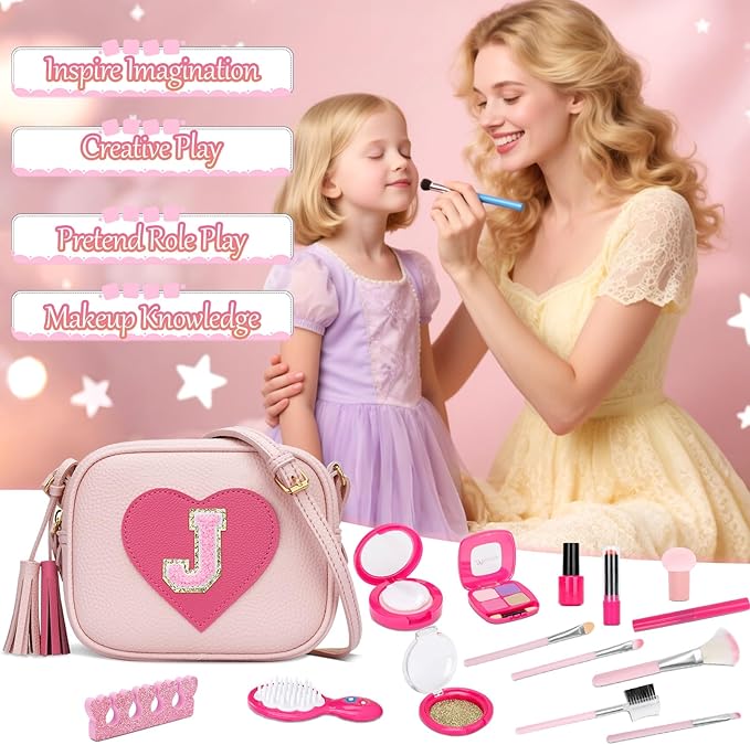 CBEE Kids Pretend Makeup Kit for Girls Non Toxic Make Up Toys Toddler Purse Personalized Gifts for 3 4 5 6 7 8 Year Old Girls (J)