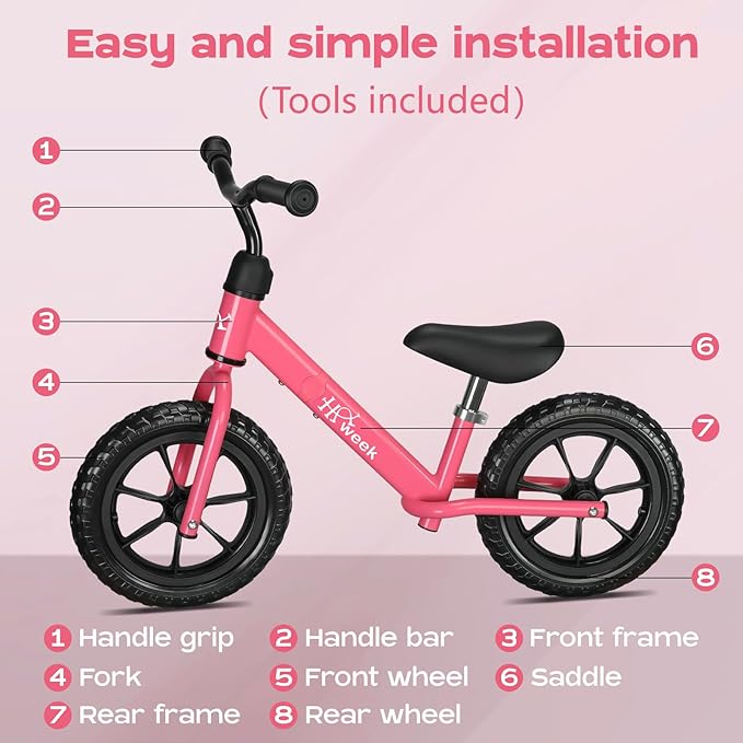 Toddler Balance Bike 12” No Pedal Training Bicycle for Kids 24 Months to 5 Years Tool-Free Adjustments Seat and Handlebar Best Gift for 2 3 4 5 Boys Girls