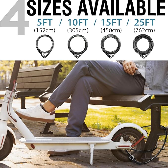 MARQUE Straight Combination Bike Lock Cable - 3/8 inch (5FT, 10FT, 15FT, 25FT) Resettable Combination Lock, Anti-Theft Security Cable for Bicycles, Kayaks, Paddle Boards and Outdoor Gear (10 FT)