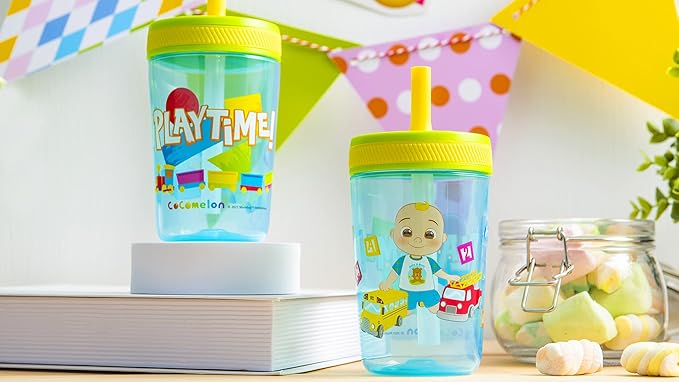 Zak Designs 15oz Cocomelon Kelso Tumbler Set, Leak-Proof Screw-On Lid with Straw Made of Durable Plastic and Silicone, Perfect Bundle for Kids
