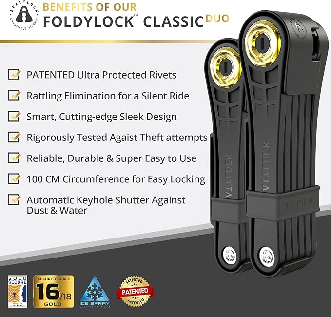 Seatylock FoldyLock Classic 100 Folding Bike Lock Set - Patented 2 Matching Bicycle Locks with 6 Identical Keys - 16/18 Heavy Duty Anti Theft Secure - Guard with Keys & Case Mount - 39.4"