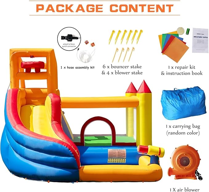 HuaKastro Inflatable Bounce House Water Slide – Backyard Water Park for Kids with Slide, Pool (Ball Pit), and Bucket Dump for Outdoor/Indoor Play, Perfect for Summer Fun (Blower Included)