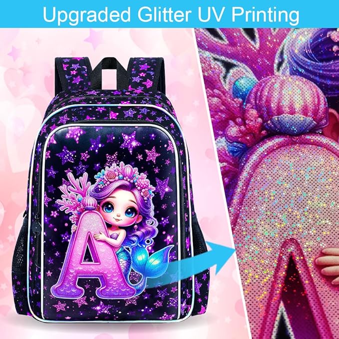 CCJPX 16" Mermaid Backpack for Girls, 3Pcs Kids Bookbag with Lunch Box, Water Resistant Elementary School Bag for Kindergarten Preschool Toddler (Black)