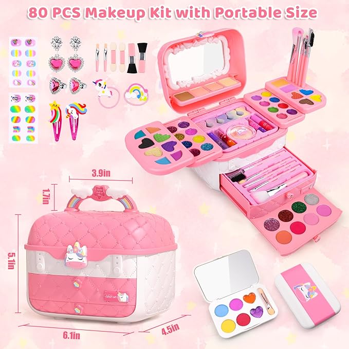 Auney 80 PCS Kids Makeup Kit for 3 4 5 6 7 8 Years Old, Unicorn Girls Toy for Little Girls Birthday, Princess Toys Dress Up Toy for Performance Dance Show Role Play Party