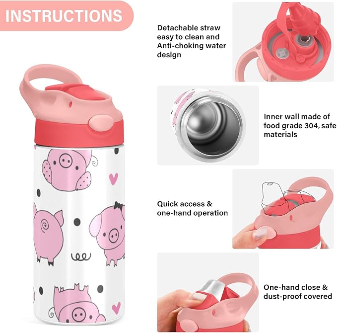 Kigai Cute Pig Kids Water Bottle, Vacuum Insulated Stainless Steel Water Bottle, Double Walled Leakproof Tumbler Travel Cup for Girls Boys Toddlers, 12 oz
