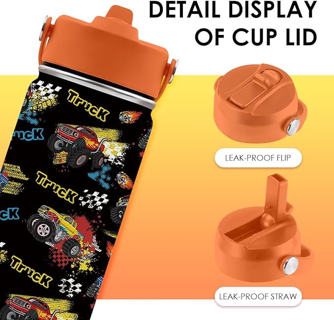 Truck Gifts for Kids - 16 Oz Kids Water Bottle with Straw Lid, Stainless Steel Insulated Tumbler, Leak Proof, BPA-Free, for Girls, School, Travel - Truck Lovers Children Birthday Gifts Cups(1pc)