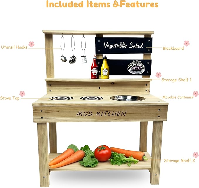 Wooden Mud Kitchen, Outdoor Play Kitchen with Sink, Blackboard, Storage Shelves and Kitchen Accessories, Fir Wood Pretend Kitchen for Boys and Girls