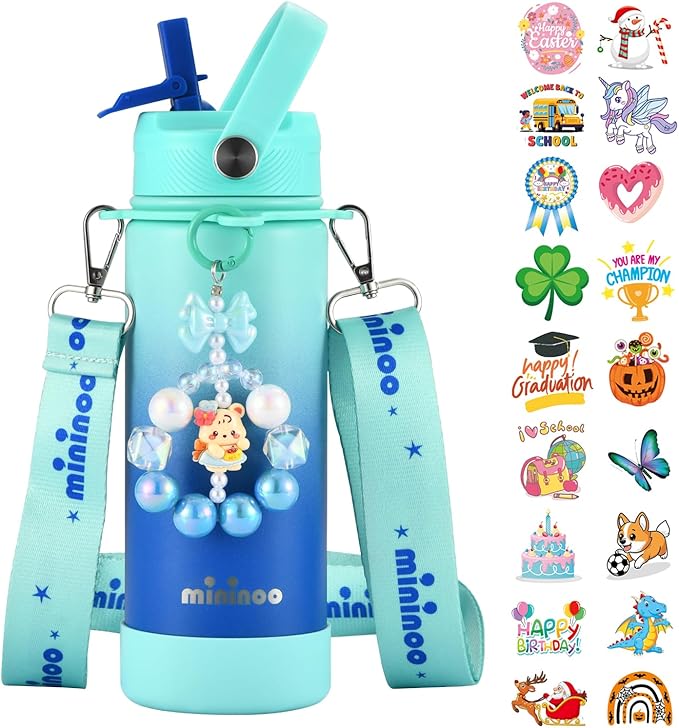 Mininoo Insulated Stainless Steel Kids Water Bottle for School with Straw Lid & Strap, 50 Stickers, 18 oz(Sky/Blue)
