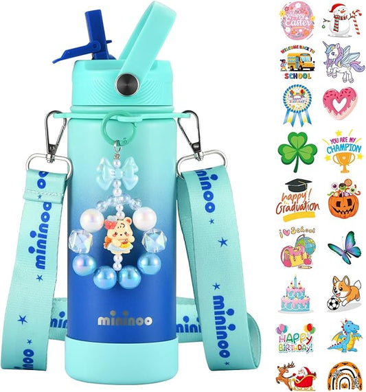 Mininoo Insulated Stainless Steel Kids Water Bottle for School with Straw Lid & Strap, 50 Stickers, 18 oz(Sky/Blue)