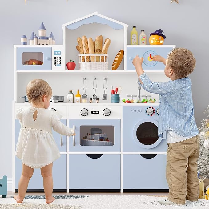 Keyluv Wooden Play Kitchen for Kids and Toddler, Montessori Toy Kitchen Playset with Plenty of Pretend Play Features and Storage Drawers, Gift for Boys and Girls, Blue