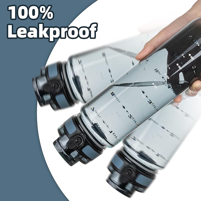 OLDLEY 32 oz Water Bottle, Motivational Water Bottle with Time Marker, Sports Water Bottle With Strap, Leakproof & BPA Free Large Water Bottles for School, Gym, Travel, Tritan, Transparent Ink Blue