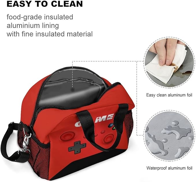 Game Lunch Bag for Boys Girls Gamer, Insulated Video Game Lunch Box for School Work Office Travel Picnic Hiking Beach, Waterproof Leakproof Portable Fits Most Bento Boxes