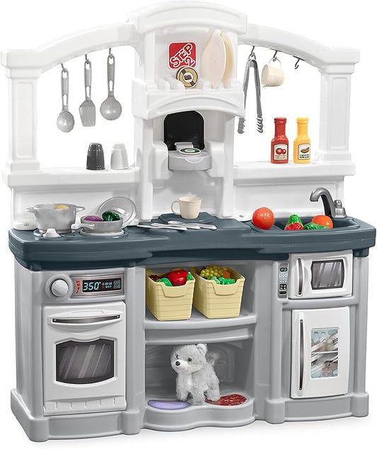 Step2 Fun with Friends Kids Kitchen Playset, Indoor/Outdoor Kitchenette, Interactive Play with Lights and Sounds, Durable Plastic, Includes 25 Piece Toy Accessories, Toddlers 2+ Years Old, Gray