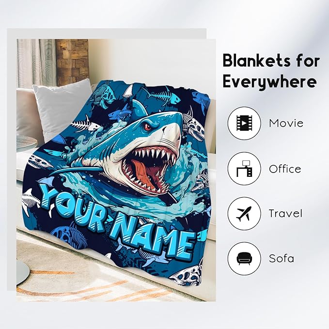 Personalized Shark Blanket - Throws Gifts for Boys - Custom Flannel Cozy Blankets for Living Room, Office - 4 Size