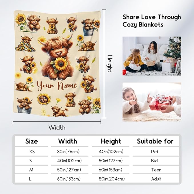 Personalized Kids Blankets with Name, Highland Cow Blanket Gifts for Girls, Custom Cow Gifts with Sunflower, Warm Flannel Throw for Couch, 30"x40"