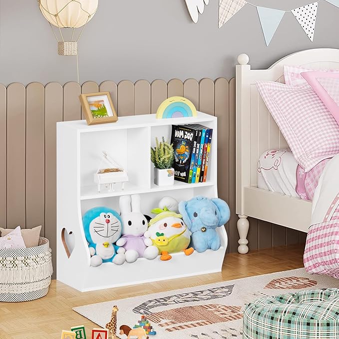 Lerliuo Baby Toddler Bookshelf and Storage Organizer, Kids Cabinet and Bookcase, Wooden 3 Cubby Children Book Shelf for Playroom, Bedroom, Nursery, School 23.62'' H (White)