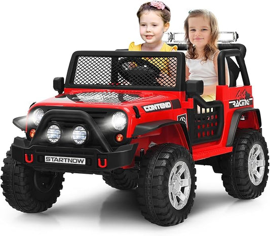 Costzon 2-Seater Ride on Truck, 12V Battery Powered Electric Vehicle w/Remote Control, 2 Speeds, Spring Suspension, LED Light, Horn, Music/ MP3, 2 Doors Open, Ride on Car for Kids (Red)