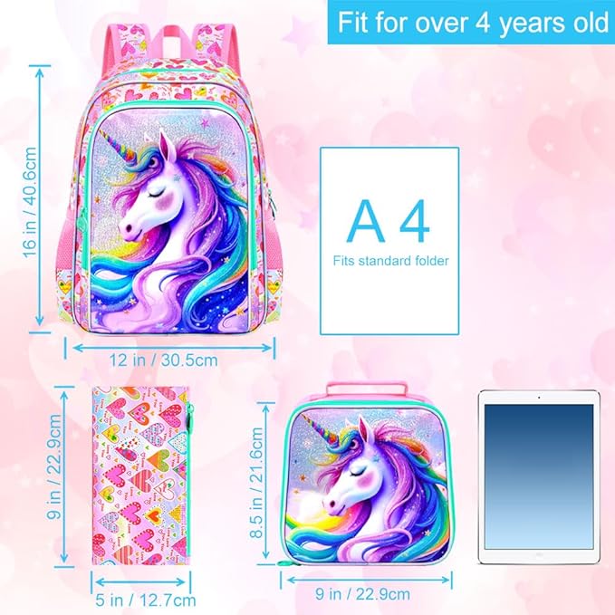CCJPX 3Pcs Unicorn Backpack, 16” Kids Girls Bookbag with Lunch Box, Water Resistant Elementary School Bag for Kindergarten Preschool Toddler (Pink)