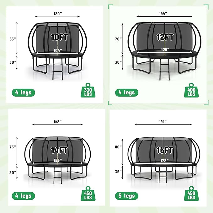 Polar Aurora 10FT 12FT 14FT 16FT Outdoor Trampoline with Safety Enclosure Net, Thickened Spring Pad，ASTM Approved Recreational Trampoline for Kids and Adults,Anti-Rust Coated Frame and Thickened Mat