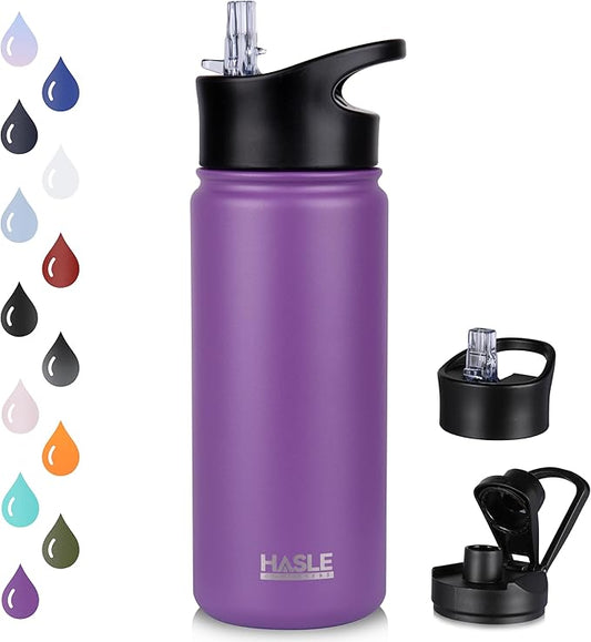 HASLE OUTFITTERS Insulated Water Bottle Kids 16 oz Double Wall Vacuum Stainless Steel Water Bottle Leak Proof for School Wide Mouth with Straw Lid & Spout Lid Keeps Cold and Hot(Purple,1pack)