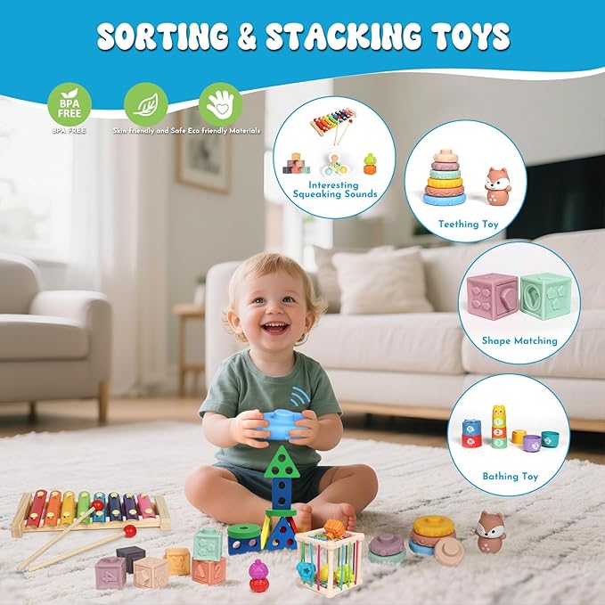 Baby Toys 18-36 Months, Montessori 7-in-1 Activity Set - Stacking Blocks, Infant Teething Toy & Sensory Bin, Baby Boys & Girls Gifts
