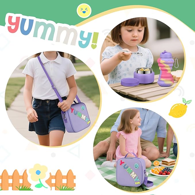 Bento Lunch Box with 10oz Soup Thermo for Kids Insulated Lunch Bag & Foldable Silicone Cup Food Leak Proof Food Container with 5 Compartment for Kid to Shool Travel