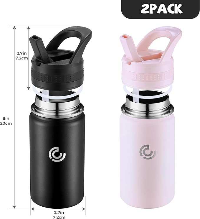 2 Pack Kids Water Bottle,14oz Stainless Steel Insulated Water Tumbler Leak-Proof,School Water Mug,Small and Portable,Suitable for Boys and Girls to Use(Black + Pink)