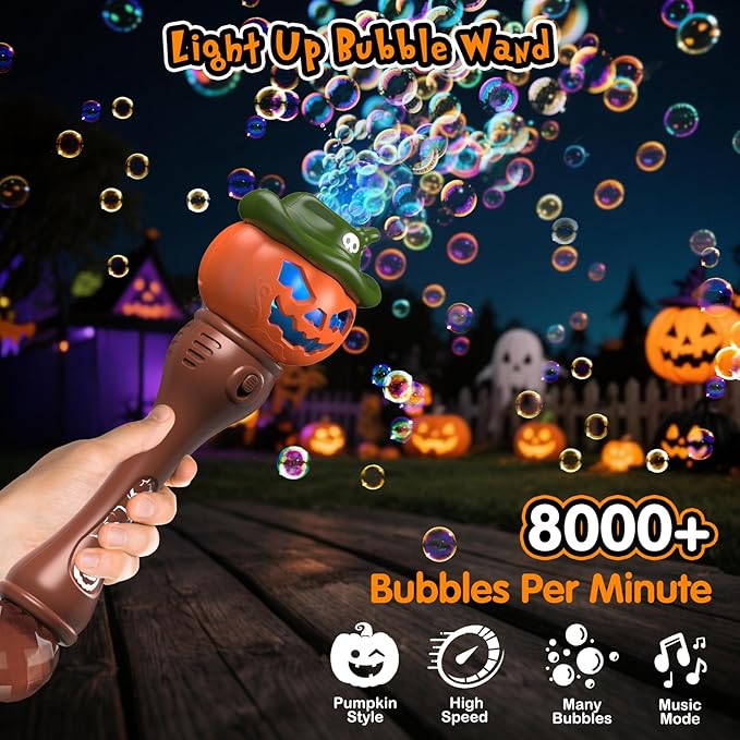 Halloween Pumpkin Bubble Wand for Kids - 2 Pack Automatic Bubble Machine Blower Toys for Toddlers 3-8 with LED Lights, Music Function, DIY Stickers,10 Refill Solutions, Halloween Party Favors Gifts