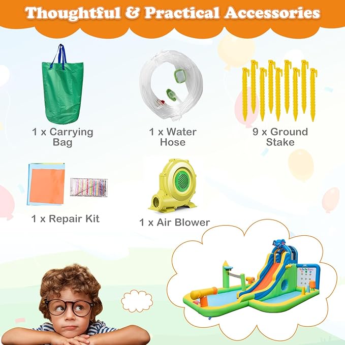 BOUNTECH Inflatable Water Slide, Elephant Surfing Slide Kids Water Park Jump Bouncy Castle w/Blower, 2 Splash Pools, Hide&Seek Cave, Outdoor Water Slides Inflatables for Big Kids Backyard Party Gifts