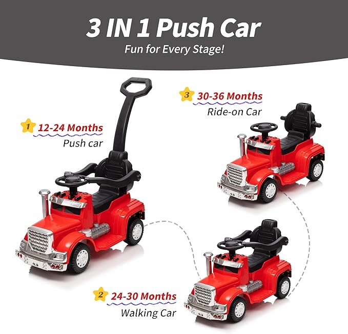 3-in-1 Ride on Push Car for Toddler with Handle, Toddler Ride on Toy for Girls Aged 1-3, Stroller Sliding Walking Car w/Music, Horn and Lights - Red