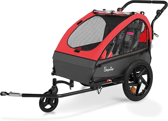 Sepnine Kids Bike Trailer, 2 in1 Canopy Carrier Converts to Stroller Suitable for 1 to 2 Kids, 12+ Months, Quick Attach to Bike, Foldable, with 5-Point Harness and Storage Bags