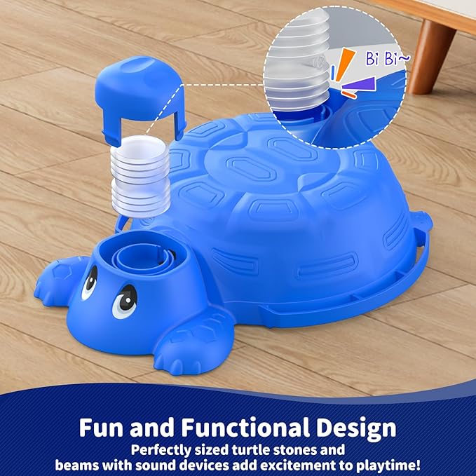 16 Pcs Balance Beam and Stepping Stones for Kids - 4 Turtle Shape Stepping Stones and 12 Connectable Beams with Sound Feature,Color Spinner, Riddle Cards, Fun Balance Training and Obstacle Course