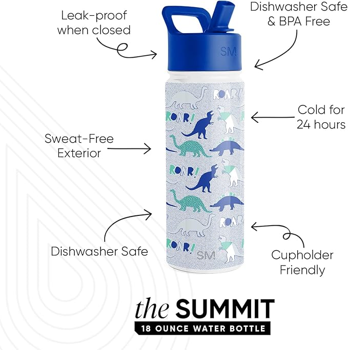 Simple Modern Kids Summit Water Bottle with Straw Lid | 18oz Stainless Steel Cup Insulated Tumbler for Toddlers, School | Dinosaur Roar