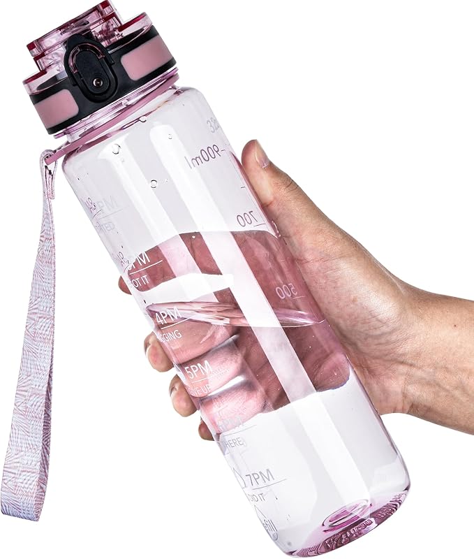 OLDLEY Water Bottle, 32oz Motivational Sports Water Bottle with Time Marker - Times to Drink - Tritan, BPA Free, Wide Mouth Leakproof,Clear Pink