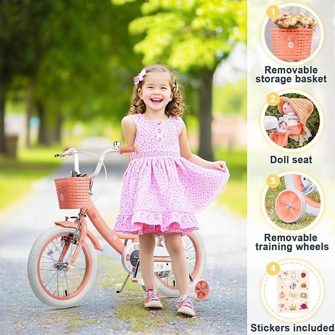Glerc Maggie Girls Bike, 12-20 Inch Kids Bike for 2-13 Years Old Children, Princess Style Kids Bicycle with Doll-Seat & Basket & Training Wheels, Multiple Colors