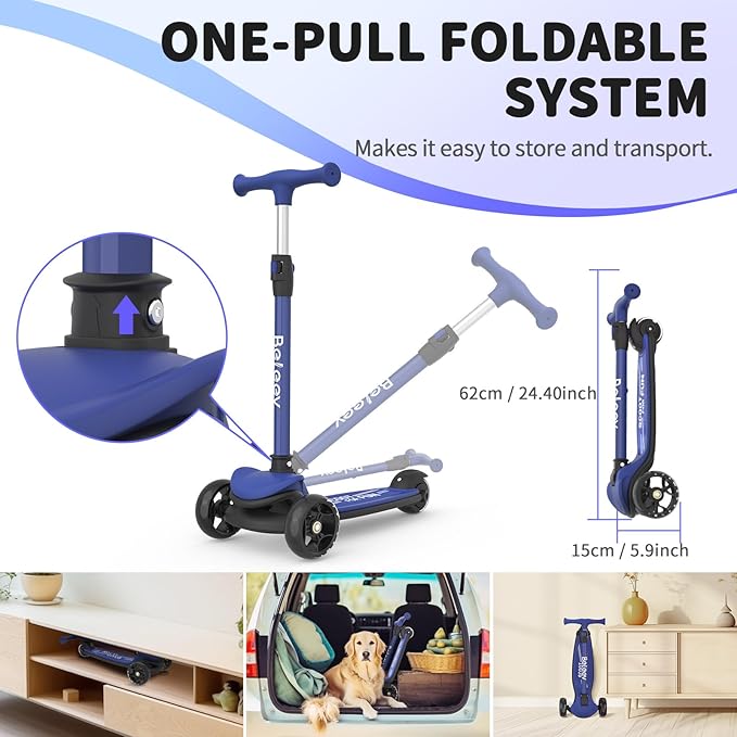 BELEEV A8 Scooter for Kids Ages 3-12, 3 Wheel Folding Scooter for Toddlers Girls Boys, LED Light-Up Wheels, 4 Adjustable Height, Lean to Steer, Extra Wide Wheels, Three Wheel Kick Scooter for Children