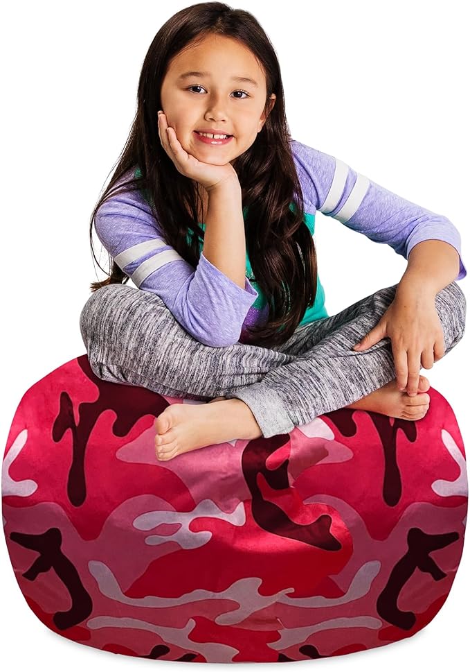 Posh Creations Kids Stuffed Animal Storage Bean Bag Chair Cover - Childrens Toy Organizer, Medium-27in, Nylon Camo Pink and Black