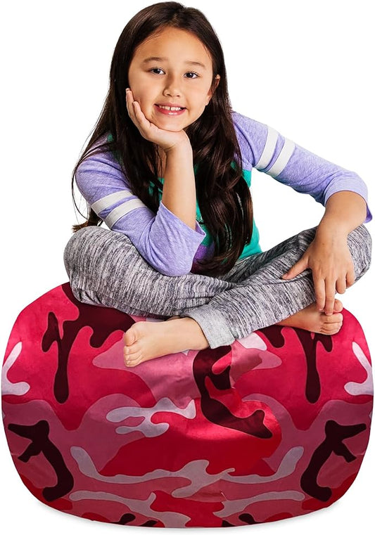 Posh Creations Kids Stuffed Animal Storage Bean Bag Chair Cover - Childrens Toy Organizer, Medium-27in, Nylon Camo Pink and Black