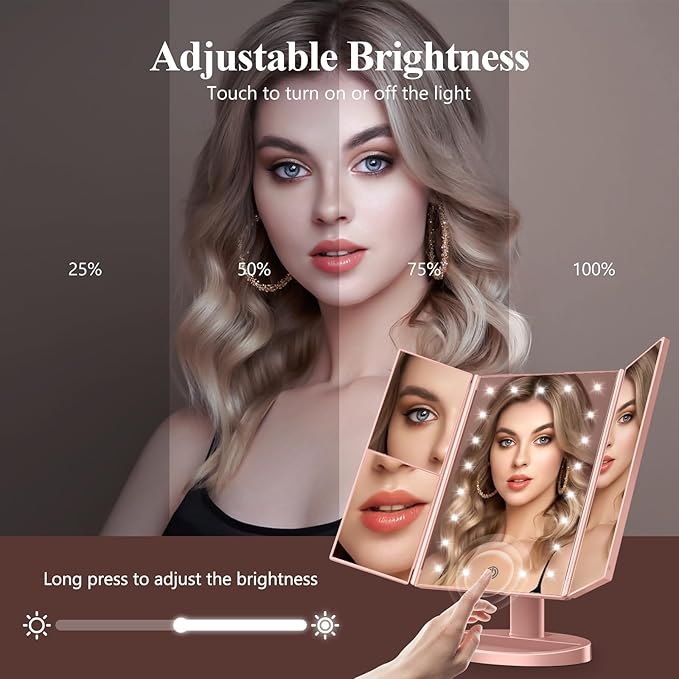 HUONUL Makeup Mirror Vanity with Lights, 2X 3X 10X Magnification, Touch Control, Trifold Mirror, Dual Power Supply, Gifts for Women, Wife, Mom, Teengirls(Rose Gold)