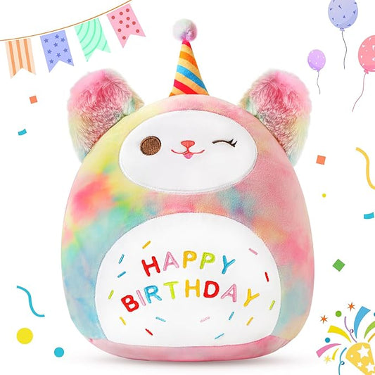 Sioloc 15.7" Rainbow Birthday Cat Plush Pillow - Soft Kitten Stuffed Animal Toy, for Kids, Toddlers, Birthday Decor