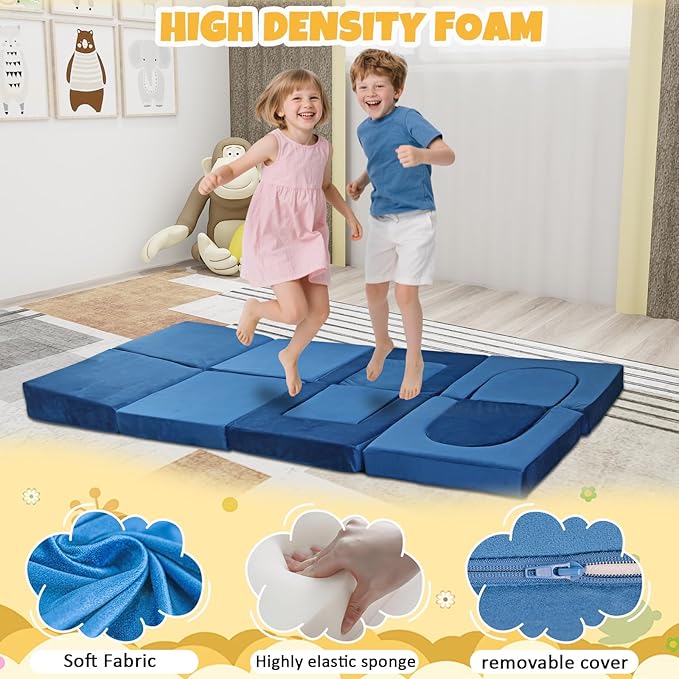 12Pcs Modular Kids Play Couch Multifunctional Foam Toddler Sofa Convertible Kids Sofa Playroom Bedroom Furniture Floor Foam Explorer Couch with Building Fort Feature for Boys and Girls (blue)
