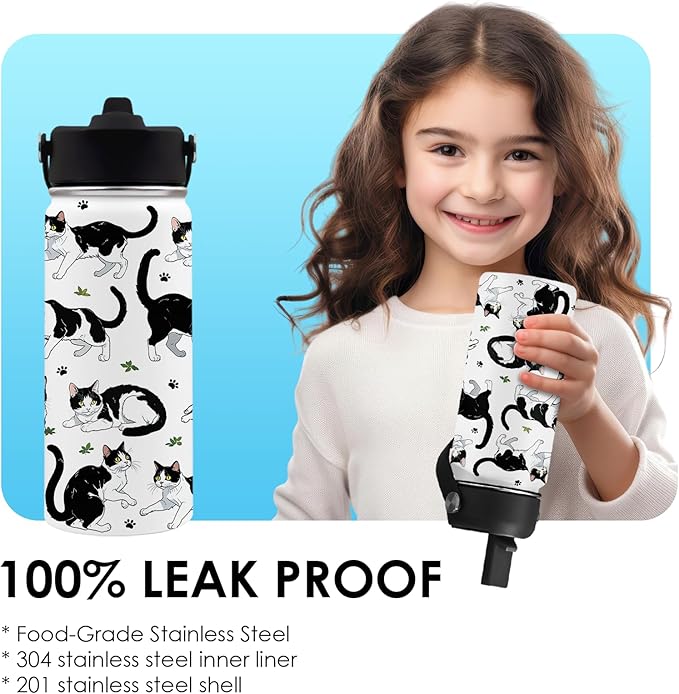 Cat Gifts for Kids - 16oz Cute Cow Cat Water Bottle with Straw Lid, Stainless Steel Insulated Tumbler, Leak Proof, BPA-Free, for Boys, Girls, School - Cow Cats Lovers Children Birthday Gifts Cups(1pc)