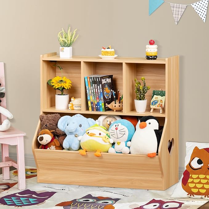 Lerliuo Kids Toy Storage Organizer, Children Small Bookcase and Bookshelf, Toddler 4 Cubby Toy Storage Cabinet, Toy Shelf for Playroom, Bedroom, Living Room, Nursery, School 29.53'' H (Natural)