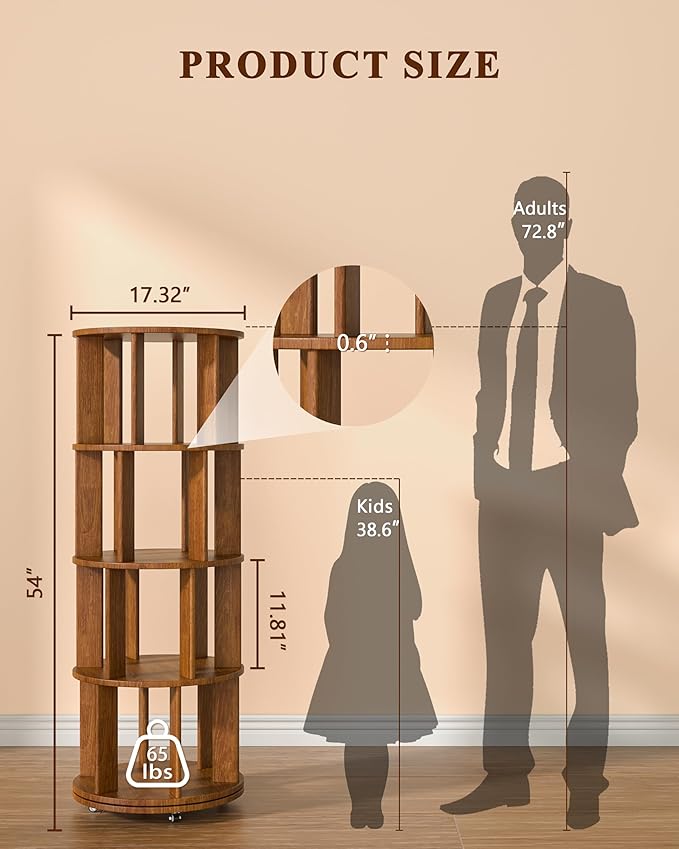 4-Tier Solid Wood Rotating Bookshelf on Wheels, 360° Spinning Book Shelf Tower, Round Revolving Bookcase Organizer, Rolling Bookshelves for Small Spaces, Corner, Bedroom, Kids Room, Office, Walnut